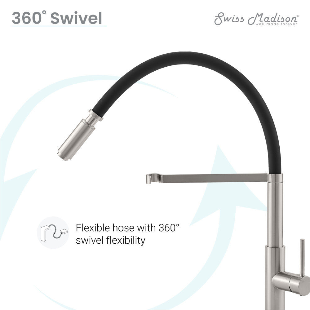 Pull-down single handle kitchen faucet in brushed nickel with flexible hose and 360-degree swivel.