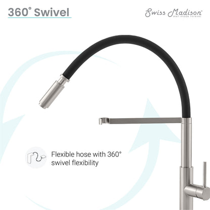 Pull-down single handle kitchen faucet in brushed nickel with flexible hose and 360-degree swivel.