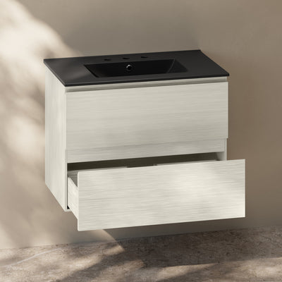 Liberte 30" Wall-Mounted Bathroom Vanity in White Oak with Black 3-Hole Widespread Sink Top