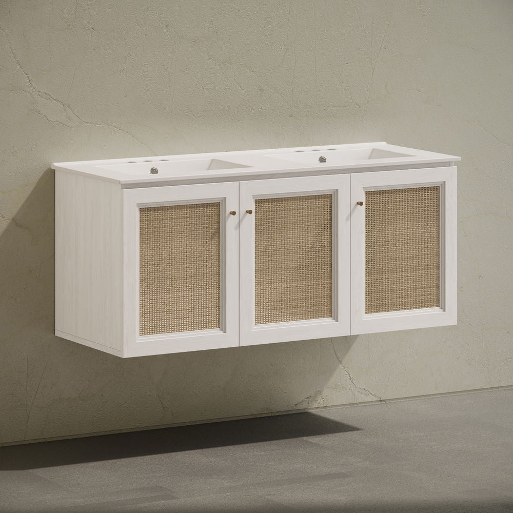 Classe 48" Wall-Mounted Bathroom Vanity in White Oak with Double Basin 3-Hole Centerset Faucet Holes Vanity Top