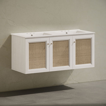 Classe 48" Wall-Mounted Bathroom Vanity in White Oak with Double Basin 3-Hole Centerset Faucet Holes Vanity Top