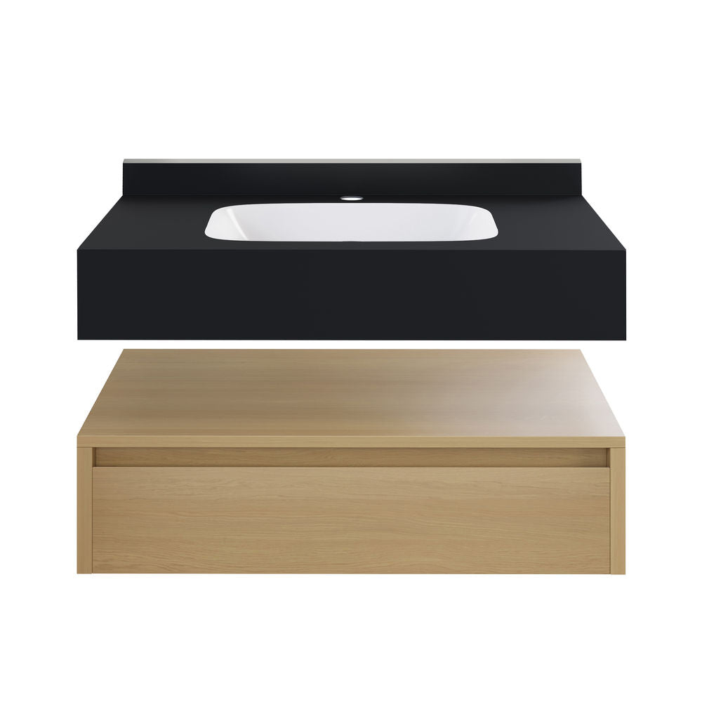 Avancer 36" Wall-Mounted Bathroom Vanity in Natural Oak with Black Marble Sink Top