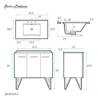 Annecy 36 in. Black Walnut Bathroom Vanity With White, 3-Hole Ceramic Sink Top