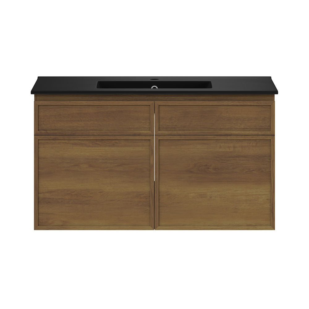 St. Tropez 36" Wall-Mounted Bathroom Vanity in Brown Oak with Black Sink Top