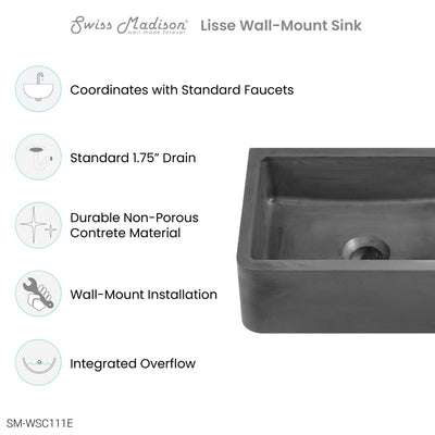 Lisse 16" Rectangle Concrete Wall-Mount Bathroom Sink in Dark Grey