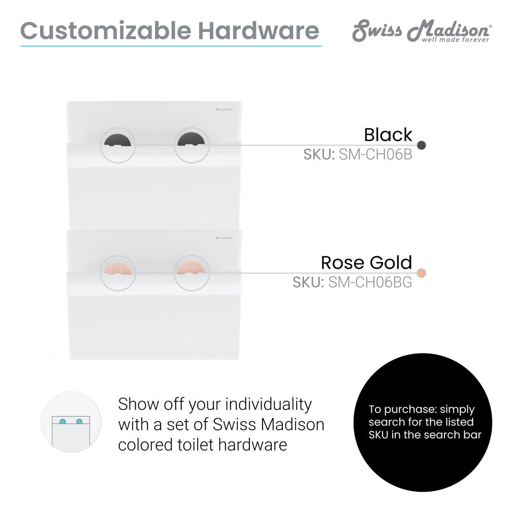 Wall-hung elongated Carre toilet bowl in white with customizable black and rose gold hardware options.