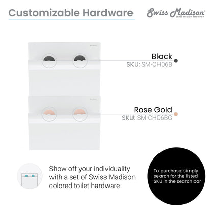 Wall-hung elongated Carre toilet bowl in white with customizable black and rose gold hardware options.