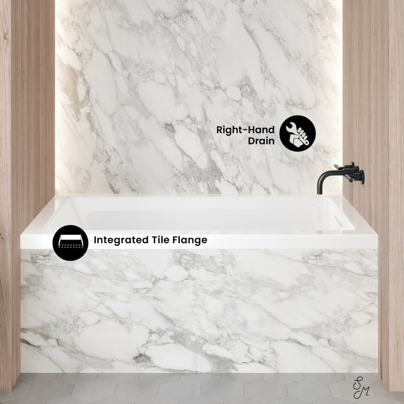 Voltaire 54 x 30 Right Drain Soaking Alcove Bathtub in Glossy White with Integrated Overflow, Drain Included