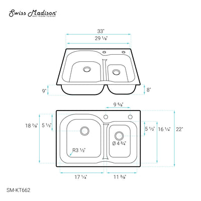 Ouvert 33 x 22 Stainless Steel, Dual Basin, Top-Mount Kitchen Sink