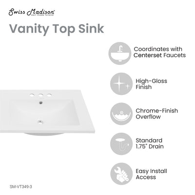 48" 3-Hole Widespread Double Basin Vanity Sink Top in Glossy White