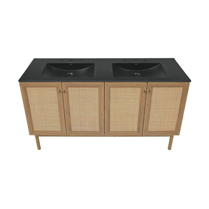 Classe 60" Freestanding Bathroom Vanity in Golden Oak with Black 3-Hole Widespread Double Basin Sink Top