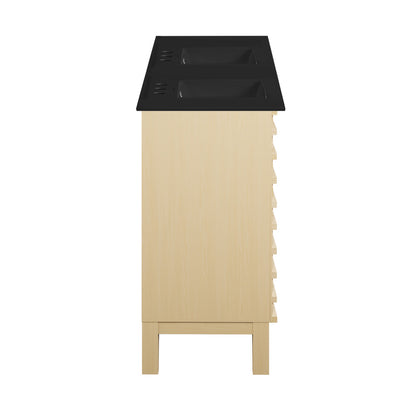 Cascade 48 in. Natural Oak, Double Basin Bathroom Vanity With Black, 3-Hole Centerset Ceramic Sink Top
