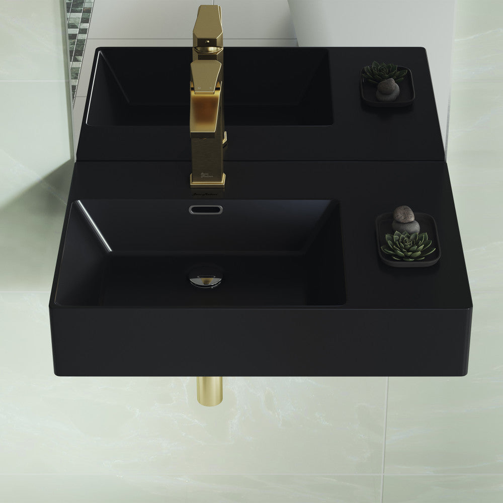 24 x 18 matte black ceramic wall-hung sink with left side faucet mount and single gold faucet.