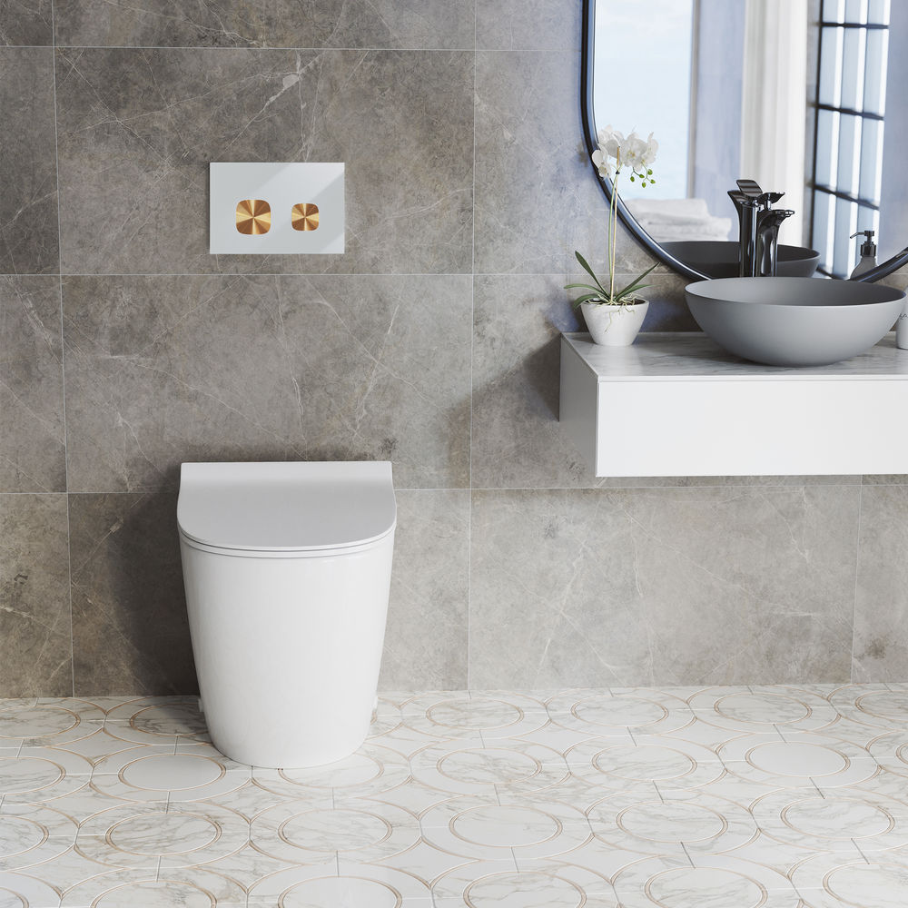Verre Wall Mount Dual Flush Glass Actuator Plate in Glossy White with Copper Flush Buttons