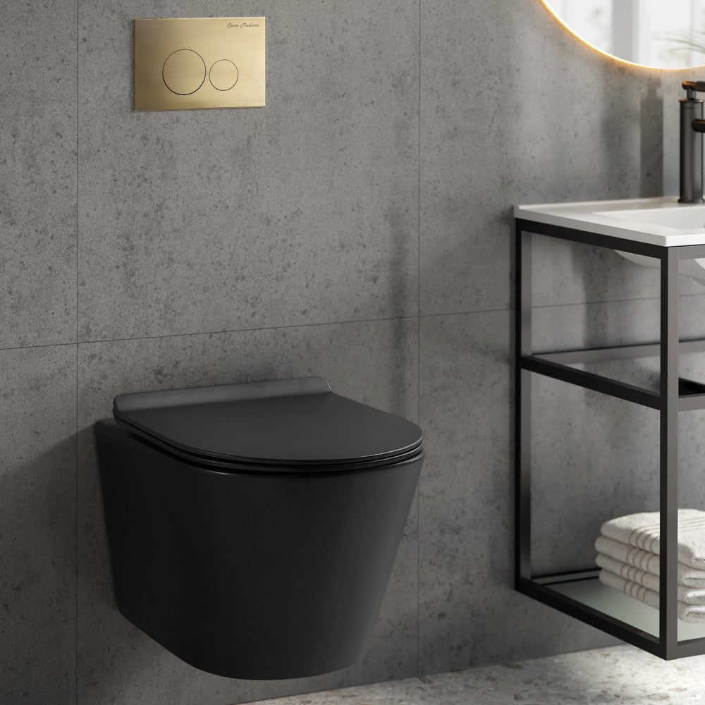 Calice Wall-Hung Toilet Bundle 0.8/1.6 GPF Dual Flush in Matte Black with Brass Flush Plate