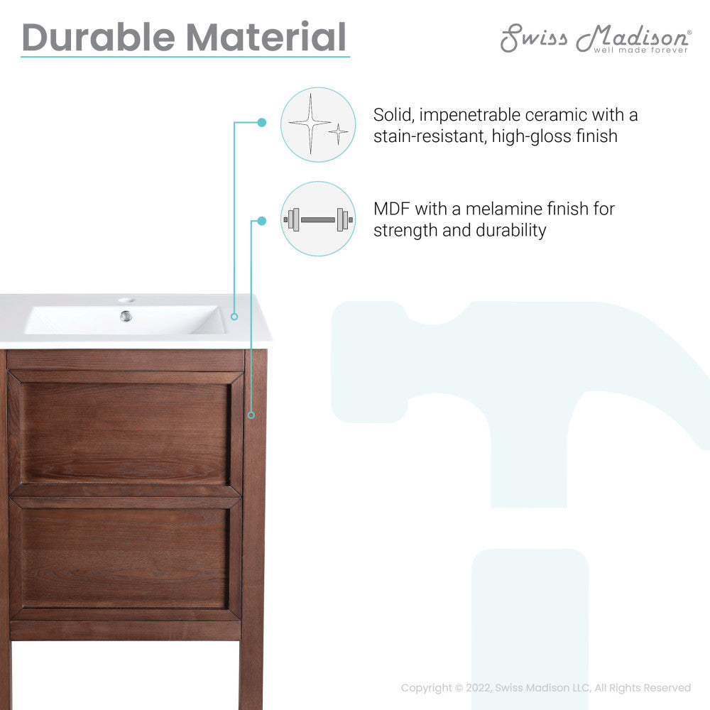 24-inch freestanding brown oak bathroom vanity with single ceramic sink top and two drawers.