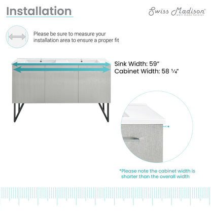60-inch freestanding gray bathroom vanity with single sink and metal leg supports.