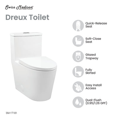Dreux One Piece Elongated Dual Flush Toilet with 0.95/1.26 GPF