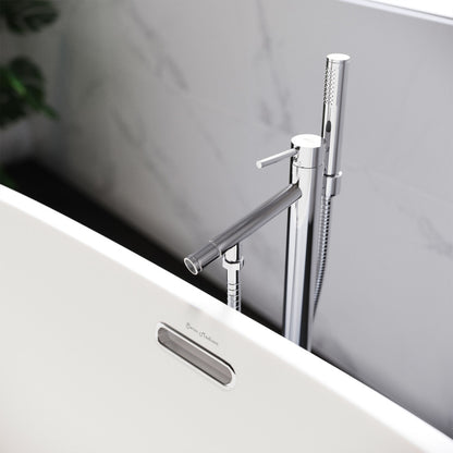 Freestanding bathtub faucet in chrome, single handle with handheld shower attachment.