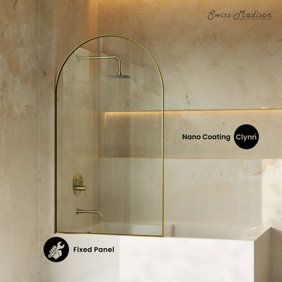 Voltaire 34 x 58 Framed Fixed 3/8 in. (10mm) Clear Tempered Glass Tub Door with Brushed Gold Frame