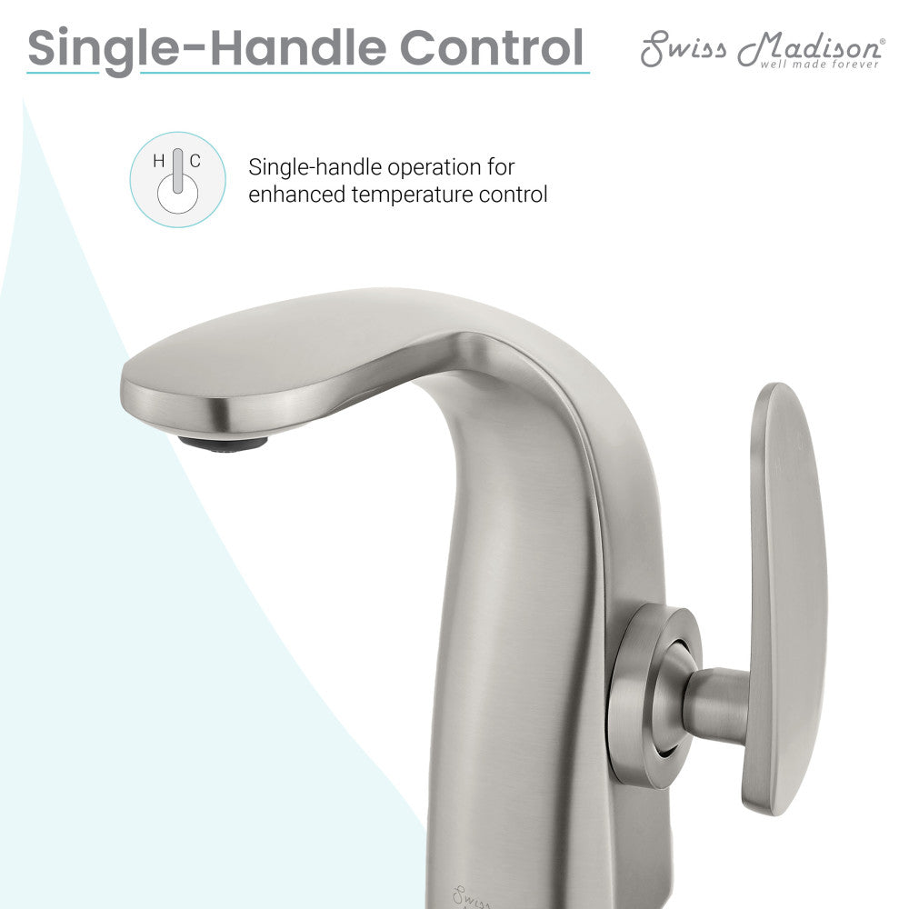 Single-handle bathroom faucet in brushed nickel with a smooth curved spout and lever handle.