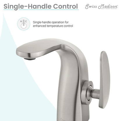 Single-handle bathroom faucet in brushed nickel with a smooth curved spout and lever handle.