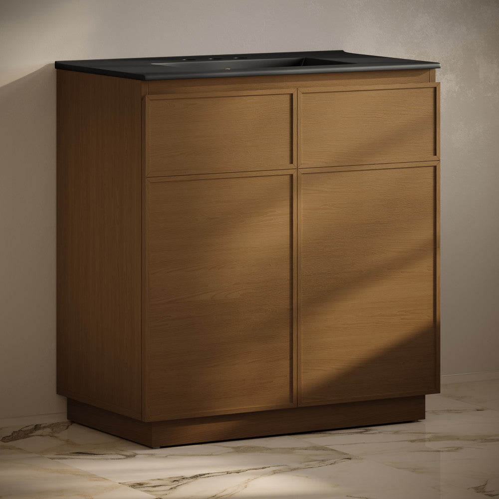 St. Tropez 36" Freestanding Bathroom Vanity in Brown Oak with Black 3-Hole Widespread Sink Top