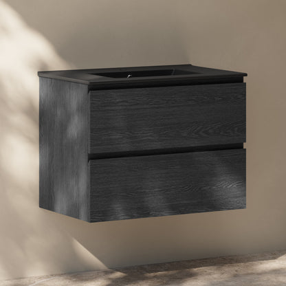 Liberte 30" Wall-Mounted Bathroom Vanity in Black Oak with Black Sink Top