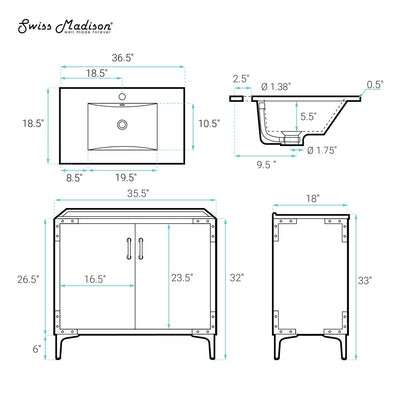 Voltaire 36" Freestanding Bathroom Vanity in White with Sink Top
