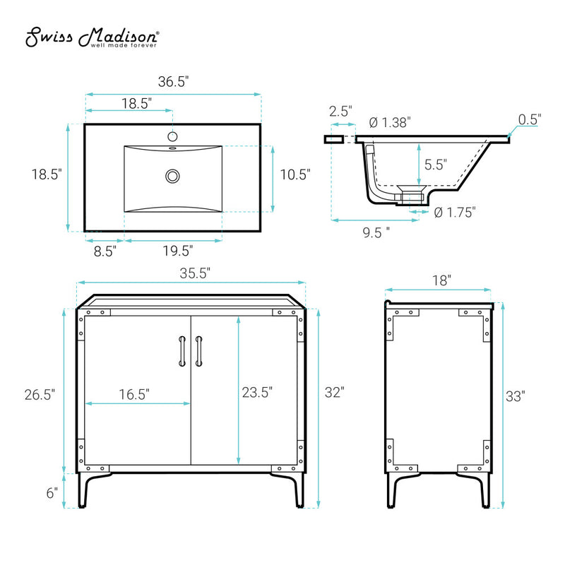 Voltaire 36" Freestanding Bathroom Vanity in White with Sink Top