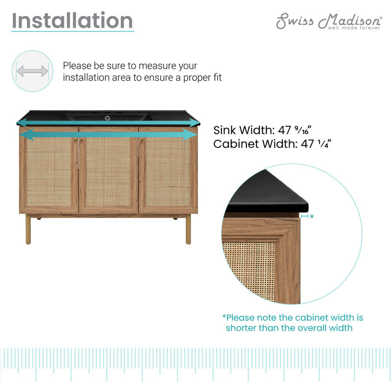Classe 48" Freestanding Bathroom Vanity in Golden Oak with Black 3-Hole Widespread Sink Top