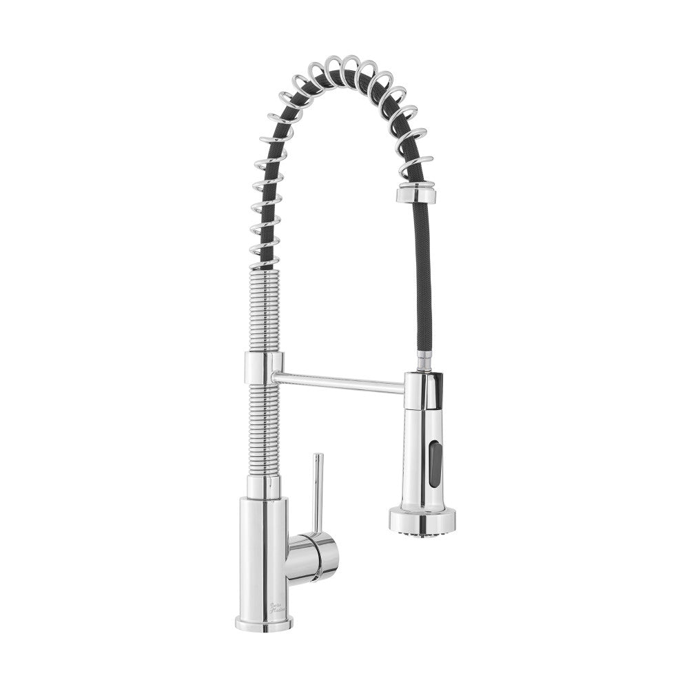 Pull-down kitchen faucet in chrome with single handle and flexible spring spout.