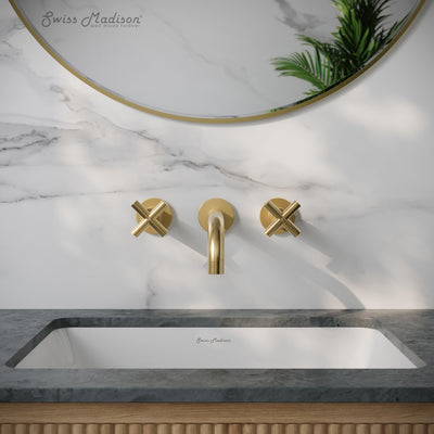 Ivy 8 in. Widespread Double Cross-Handle Wall Mount Bathroom Faucet in Brushed Gold