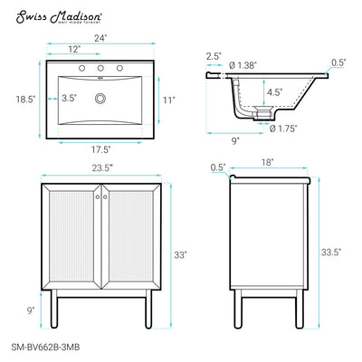 Classe 24" Freestanding Bathroom Vanity in Black Oak with Black 3-Hole Centerset Sink Top