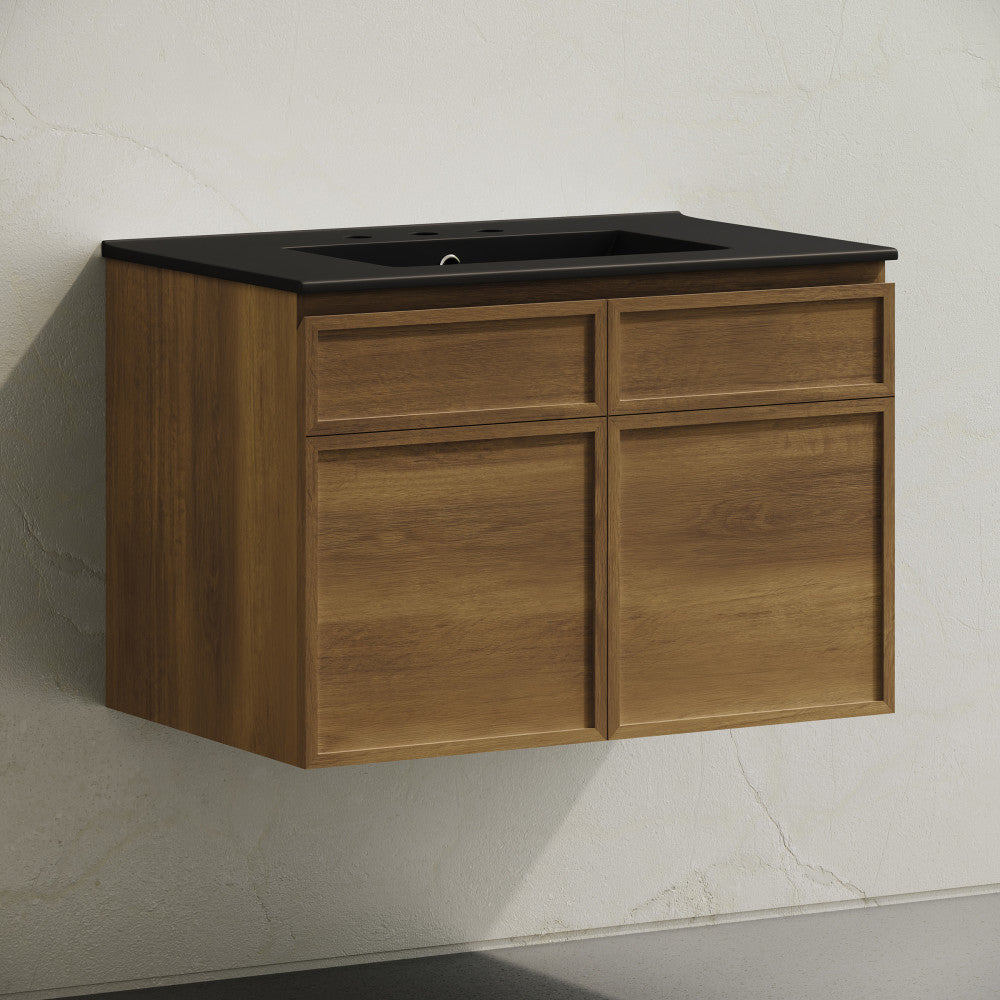 St. Tropez 30" Wall-Mounted Bathroom Vanity in Brown Oak with Black 3-Hole Widespread Sink Top
