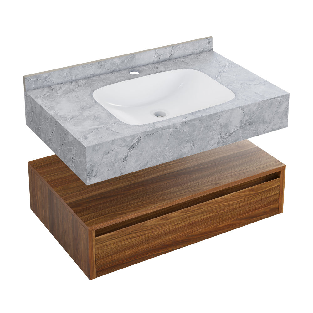 Avancer 36" Wall-Mounted Bathroom Vanity in Brown Oak with Storm Gray Sink Top