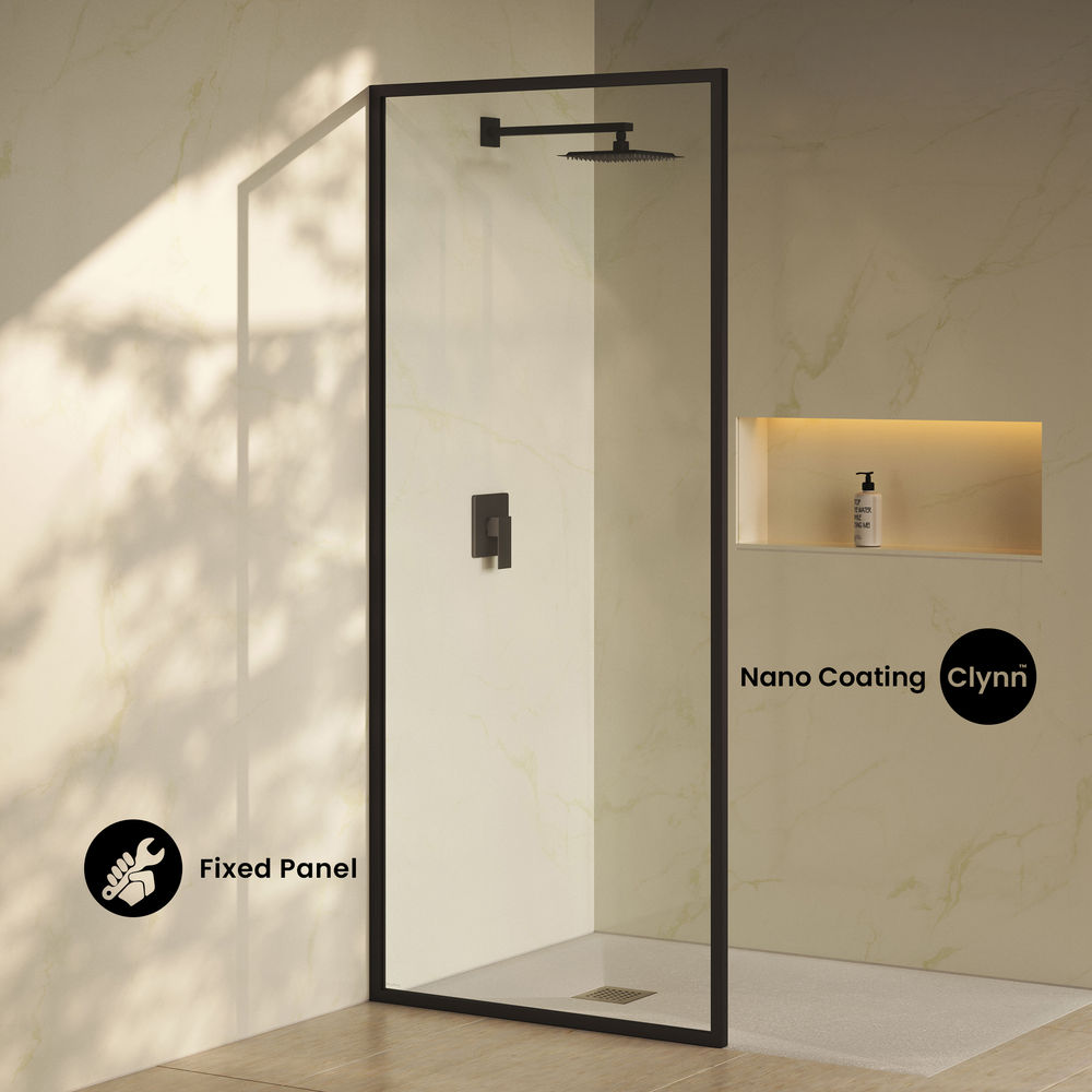 Pierre 34 x 76 Framed Fixed 3/8 in. (10mm) Clear Tempered Glass Shower Door with Matte Black Frame