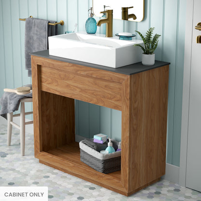 36-inch freestanding reclaimed wood bathroom vanity cabinet in natural teak with open shelf and rectangular vessel sink.