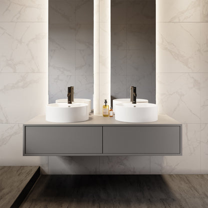 Monaco round white vessel sinks with single-handle black faucets on wall-mounted gray vanity.