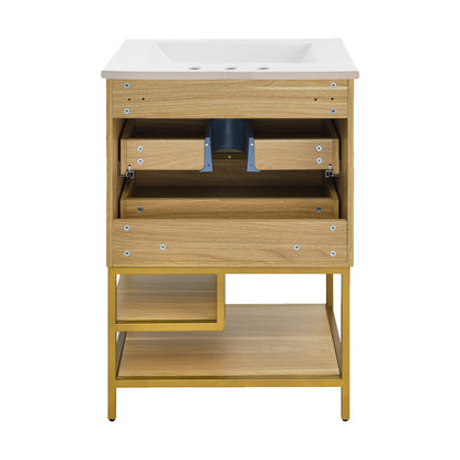 Carre 24 in. Golden Oak Bathroom Vanity with White, 3-Hole Ceramic Sink Top