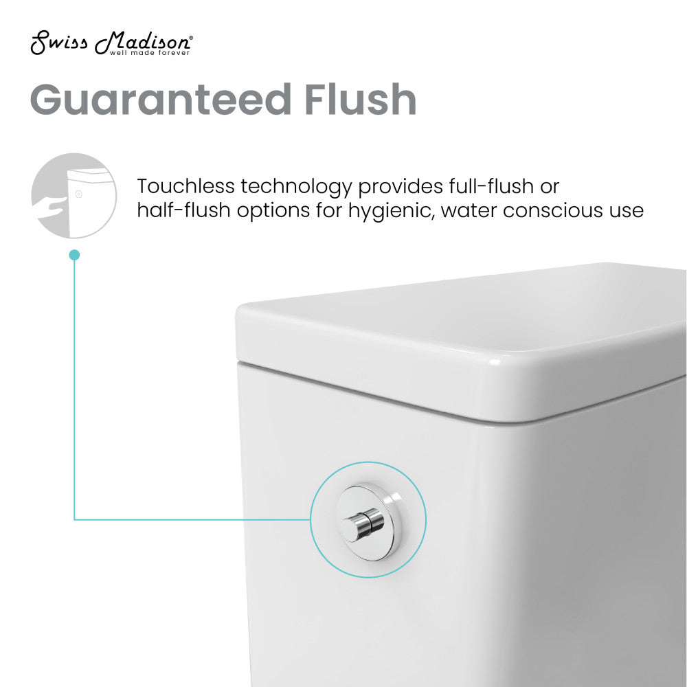 Elongated one-piece square toilet with touchless dual-flush, white ceramic, modern design.