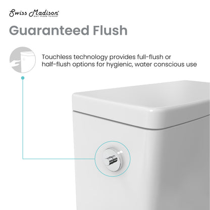 Elongated one-piece square toilet with touchless dual-flush, white ceramic, modern design.