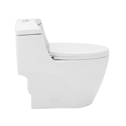 Elongated one-piece toilet with dual-flush system in white, modern skirted trapway design.