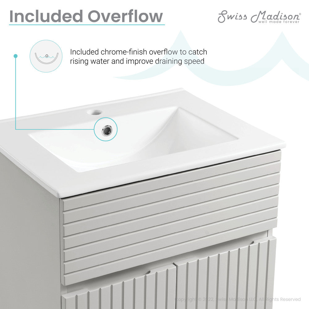 24-inch freestanding bathroom vanity in shell finish with single integrated sink and horizontal slat design.