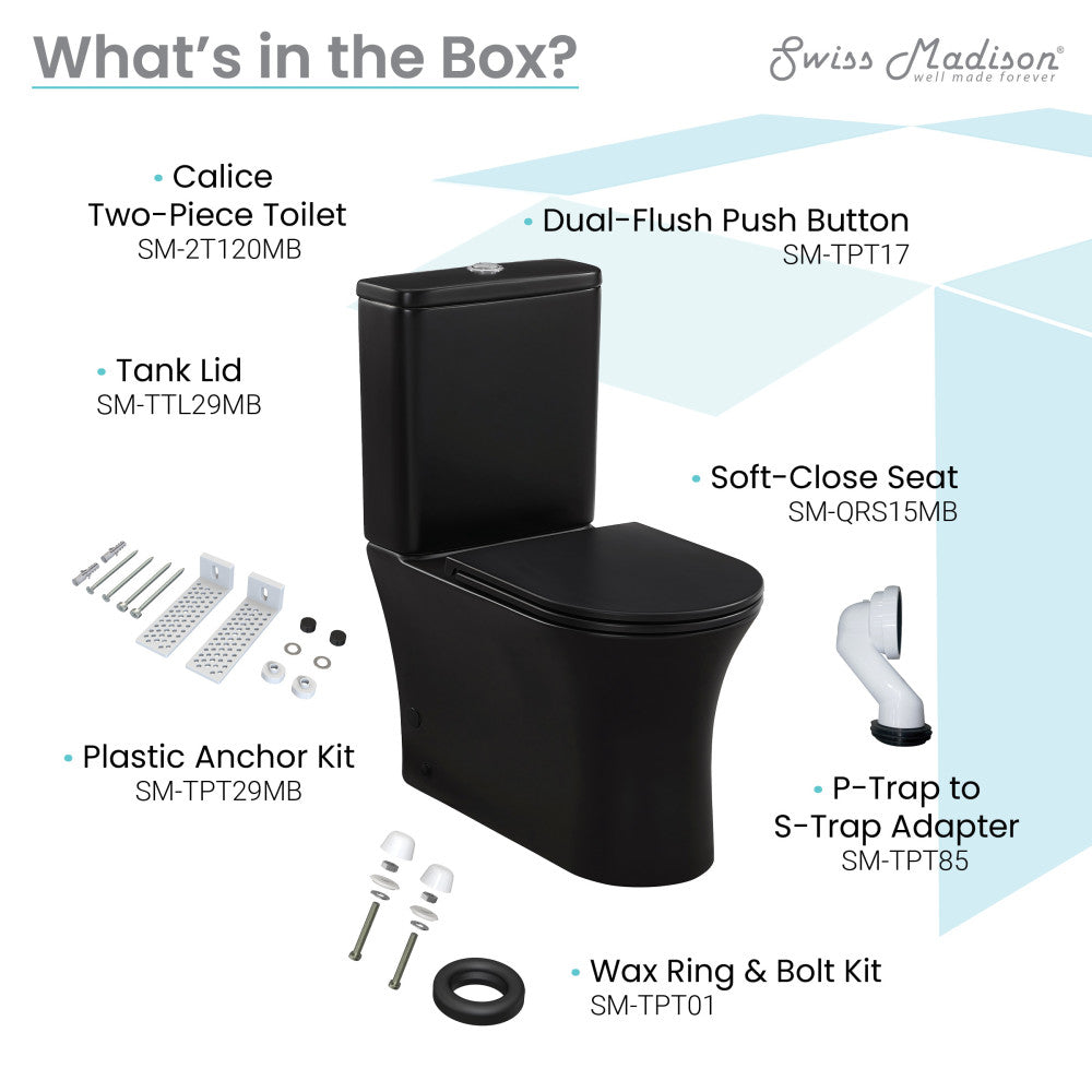 Elongated two-piece toilet in matte black, dual-flush with soft-close seat and rear outlet.