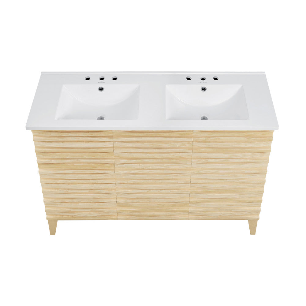 Cascade 48 in. Natural Oak, Double Basin Bathroom Vanity With White, 3-Hole Centerset Ceramic Sink Top