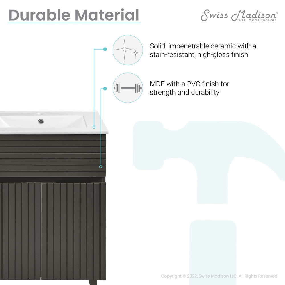 24-inch freestanding bathroom vanity in cedar gray with soft-close cabinet doors.
