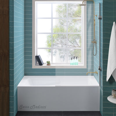 Voltaire 60 x 30 Skirted Right Drain Soaking Apron Bathtub in Glossy White with Integrated Overflow and Armrest, Drain Included