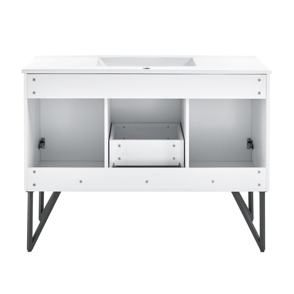 48-inch freestanding white bathroom vanity with sink top and open storage, angled metal legs.