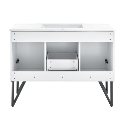 48-inch freestanding white bathroom vanity with sink top and open storage, angled metal legs.
